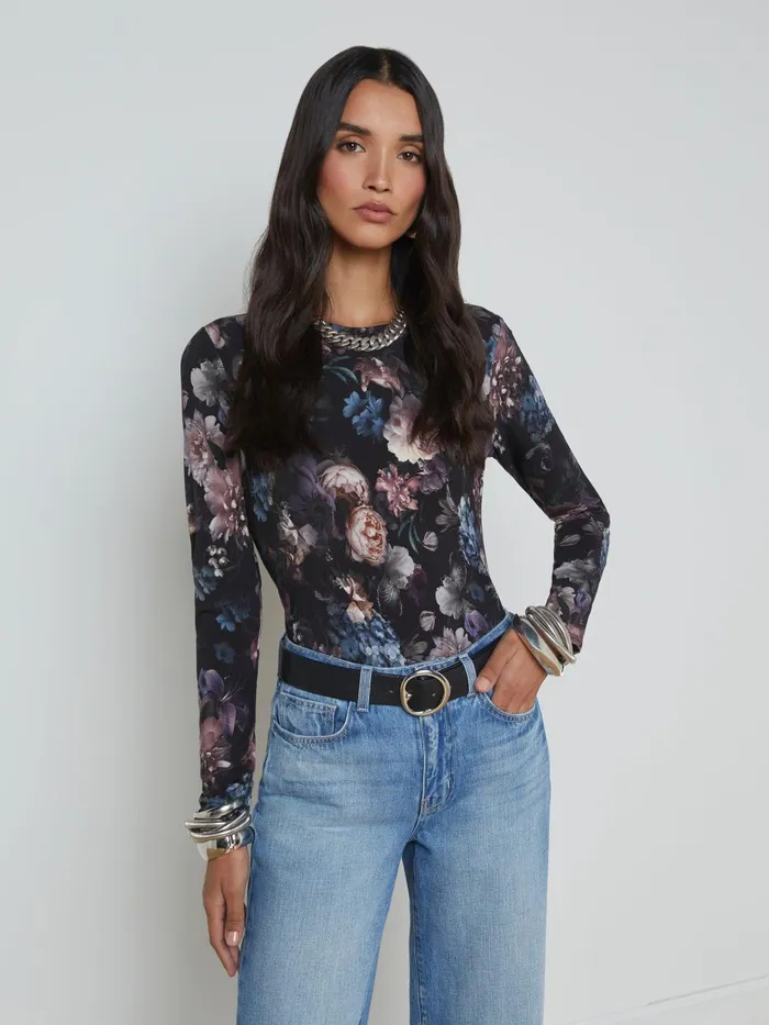 L039Agence Tees Women Tess Long Sleeve Tee Black Multi Vintage Oil Flower