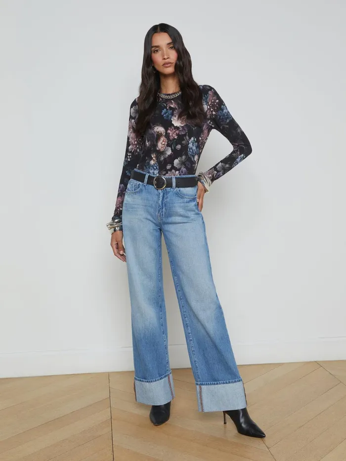 L039Agence Tees Women Tess Long Sleeve Tee Black Multi Vintage Oil Flower L039Agence Tees Women Tess Long Sleeve Tee Black Multi Vintage Oil Flower