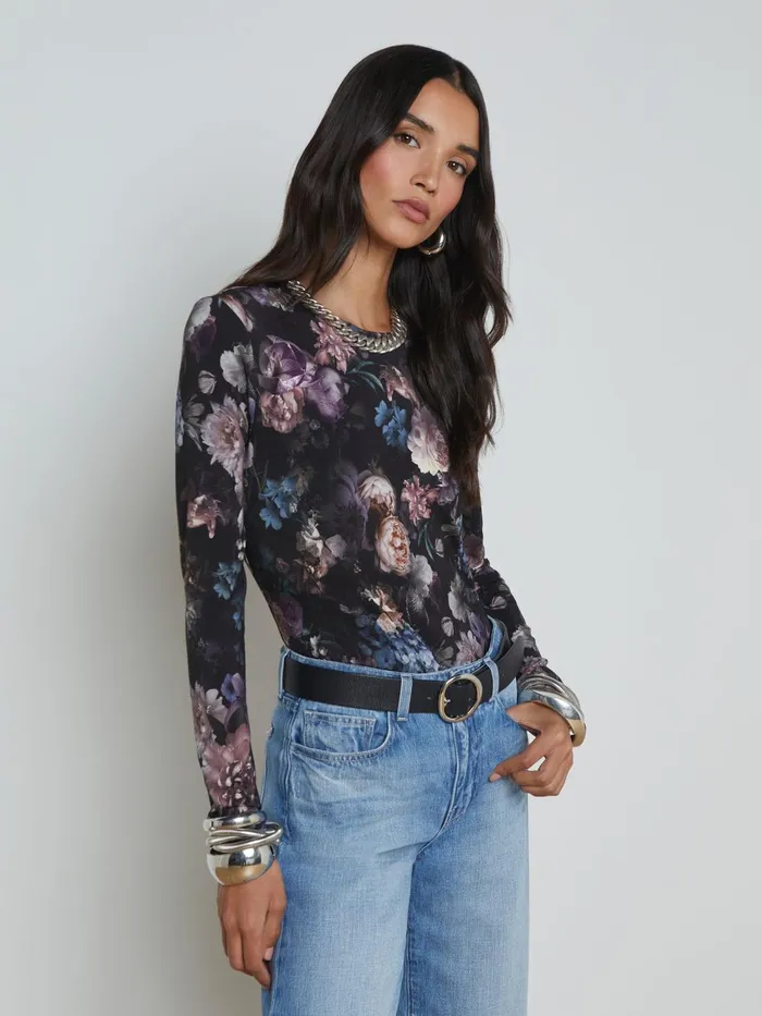 L039Agence Tees Women Tess Long Sleeve Tee Black Multi Vintage Oil Flower L039Agence Tees Women Tess Long Sleeve Tee Black Multi Vintage Oil Flower