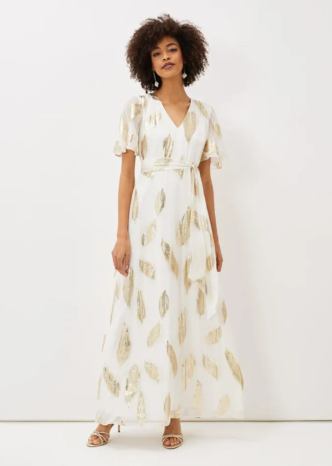 Larah Feather Print Silk Jacquard Maxi Dress Pearlgold Women Phase Eight Dresses