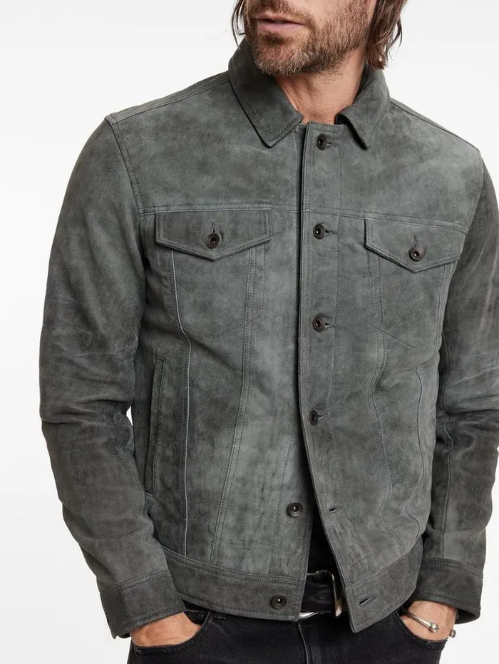 Leather Jackets Men John Varvatos ANDREW TRUCKER JACKET Grey Stone