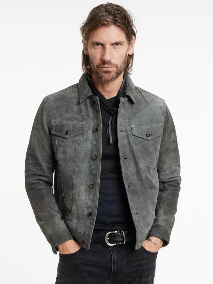 Leather Jackets Men John Varvatos ANDREW TRUCKER JACKET Grey Stone