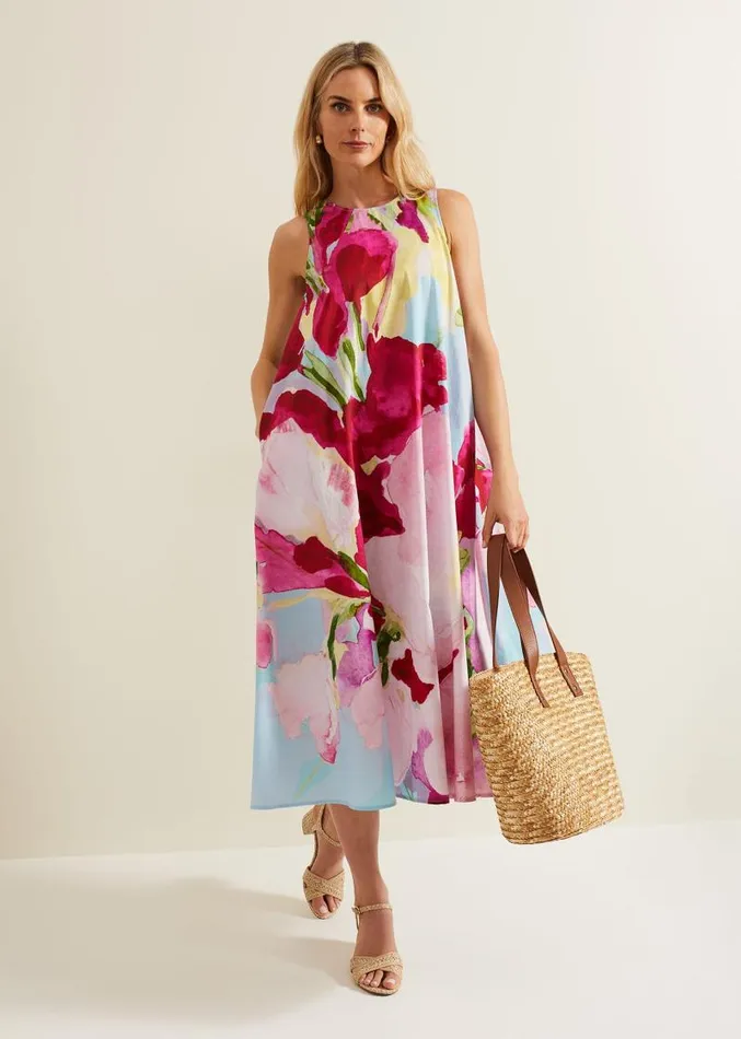 Leila Cotton Floral Midi Dress Pink Women Phase Eight Dresses