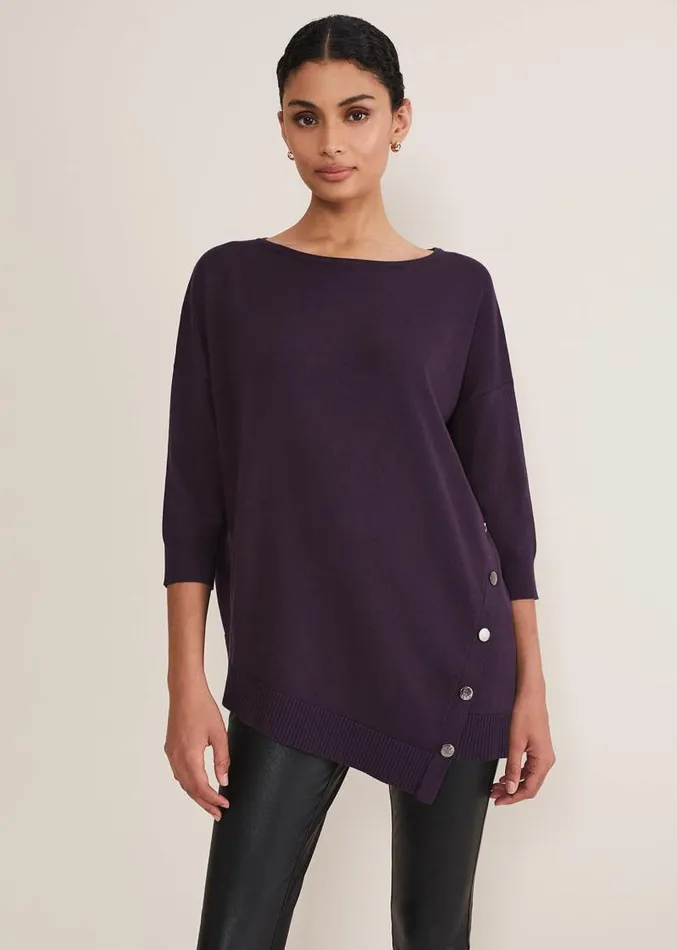Leoni Asymmetric Button Trim Jumper Deep Purple Women Phase Eight Knitwear
