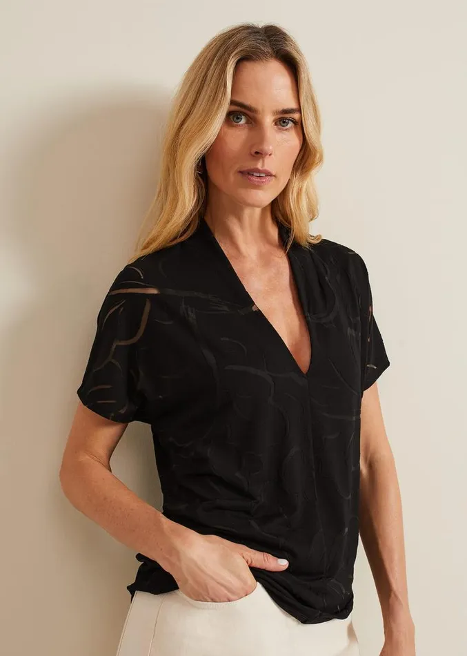 Linda Linear Leaf Burnout Top Black Women Phase Eight Tops and TShirts