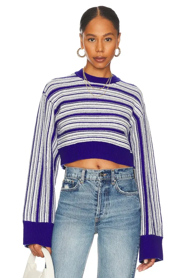 Lovers and Friends Sweaters and Knits Women Kairi Cropped Stripe Crew Royal Blue and Ivory