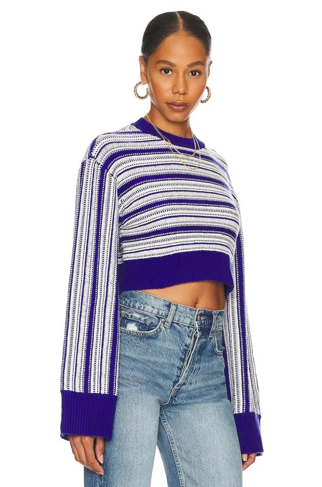Lovers and Friends Sweaters and Knits Women Kairi Cropped Stripe Crew Royal Blue and Ivory Lovers and Friends Sweaters and Knits Women Kairi Cropped Stripe Crew Royal Blue and Ivory