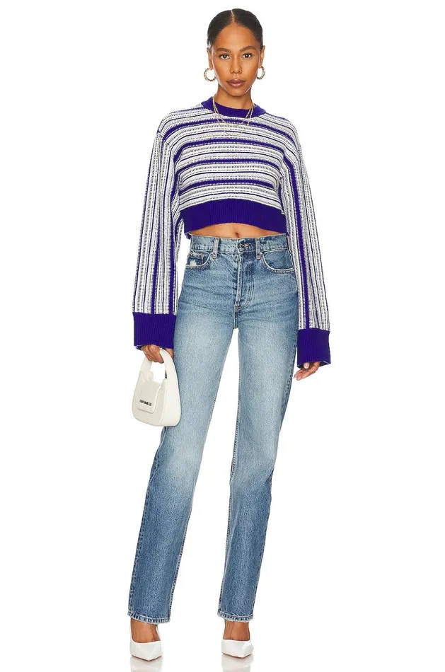 Lovers and Friends Sweaters and Knits Women Kairi Cropped Stripe Crew Royal Blue and Ivory Lovers and Friends Sweaters and Knits Women Kairi Cropped Stripe Crew Royal Blue and Ivory
