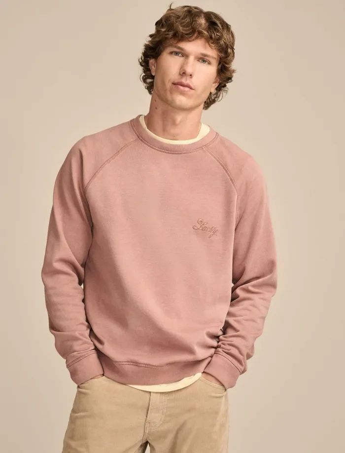 Lucky Brand Activewear Men Fleece Logo Raglan Crew Cognac