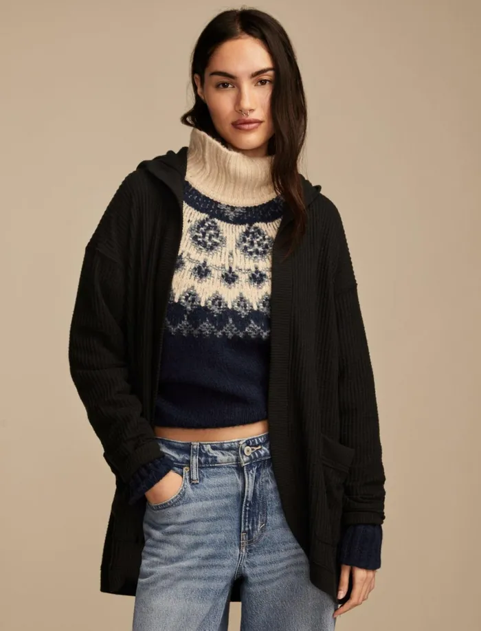 Lucky Brand Activewear Women Waffle Knit Shawl Hoodie Jet Black