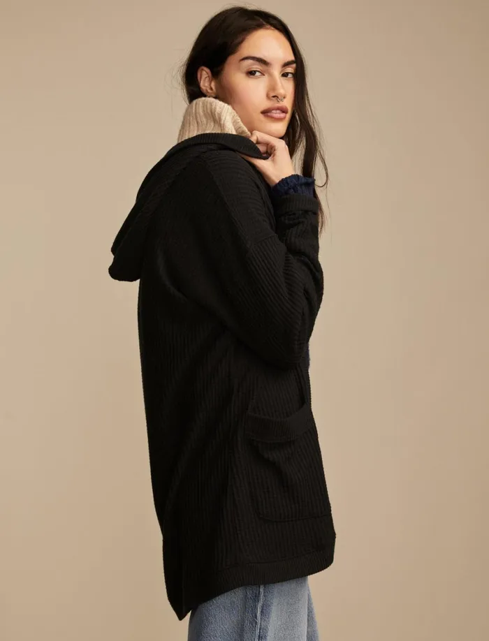 Lucky Brand Activewear Women Waffle Knit Shawl Hoodie Jet Black