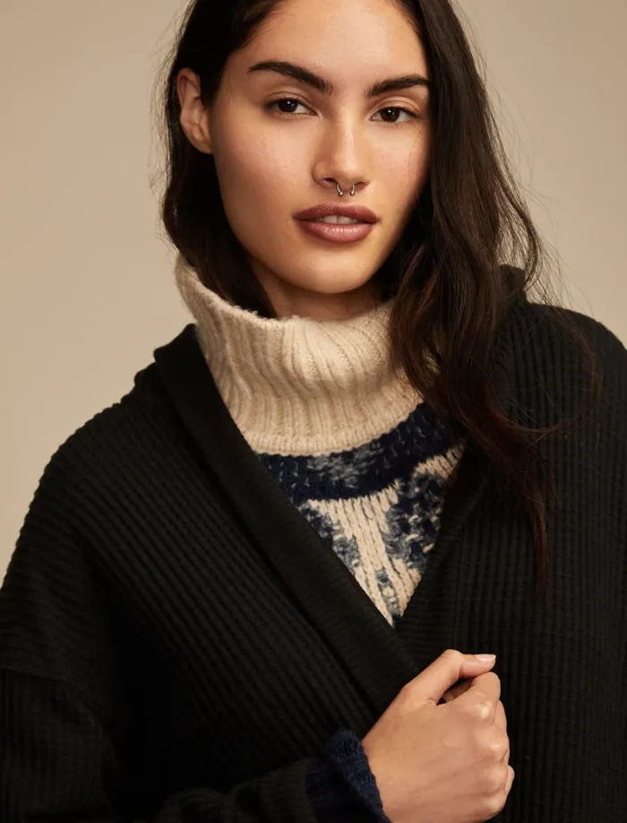 Lucky Brand Activewear Women Waffle Knit Shawl Hoodie Jet Black