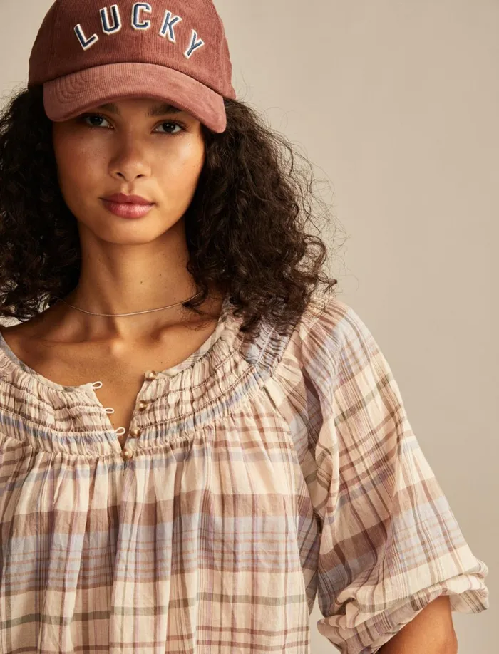 Lucky Brand Blouses Women Easy Smocked Blouse Pink Plaid