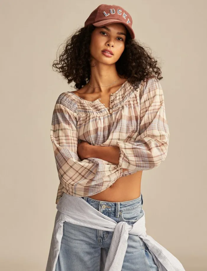 Lucky Brand Blouses Women Easy Smocked Blouse Pink Plaid