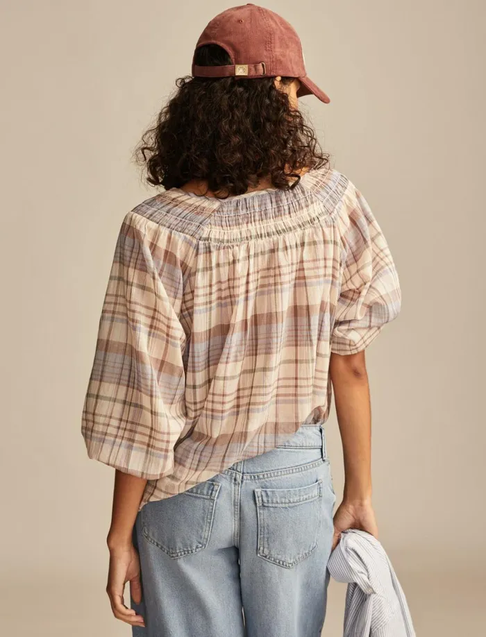 Lucky Brand Blouses Women Easy Smocked Blouse Pink Plaid