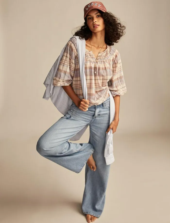 Lucky Brand Blouses Women Easy Smocked Blouse Pink Plaid