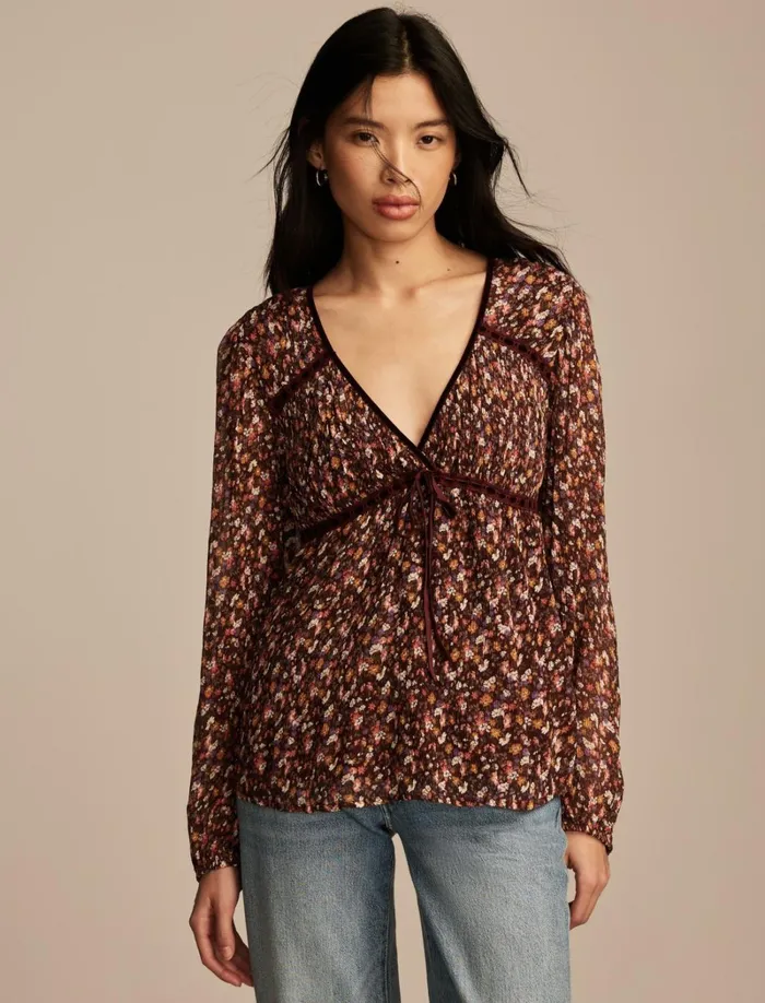 Lucky Brand Blouses Women Long Sleeve Ruffle Bodice Top Cinnamon Multi Floral