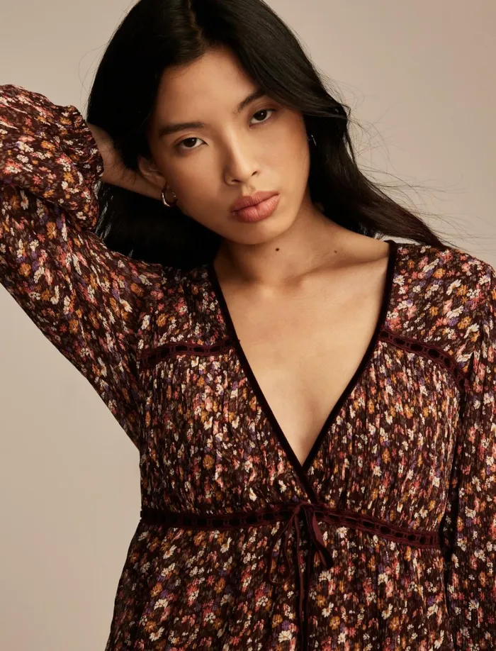 Lucky Brand Blouses Women Long Sleeve Ruffle Bodice Top Cinnamon Multi Floral