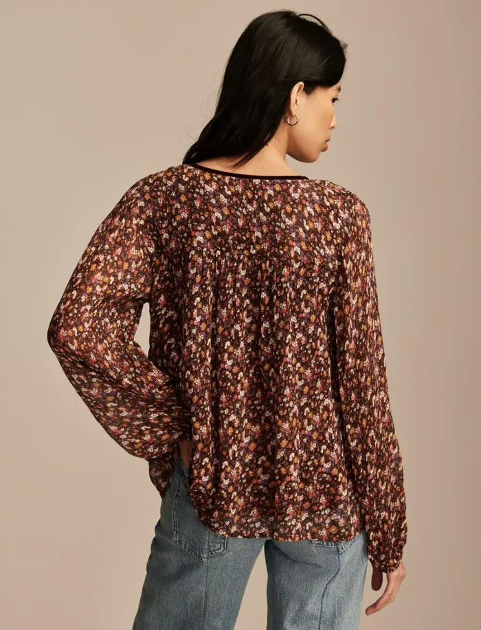 Lucky Brand Blouses Women Long Sleeve Ruffle Bodice Top Cinnamon Multi Floral