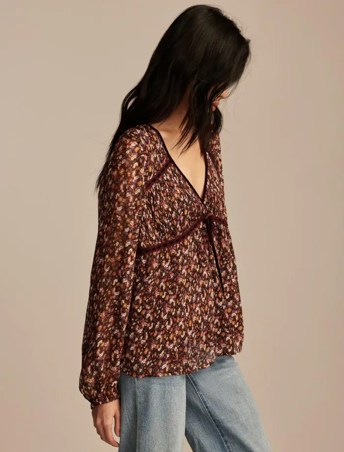 Lucky Brand Blouses Women Long Sleeve Ruffle Bodice Top Cinnamon Multi Floral