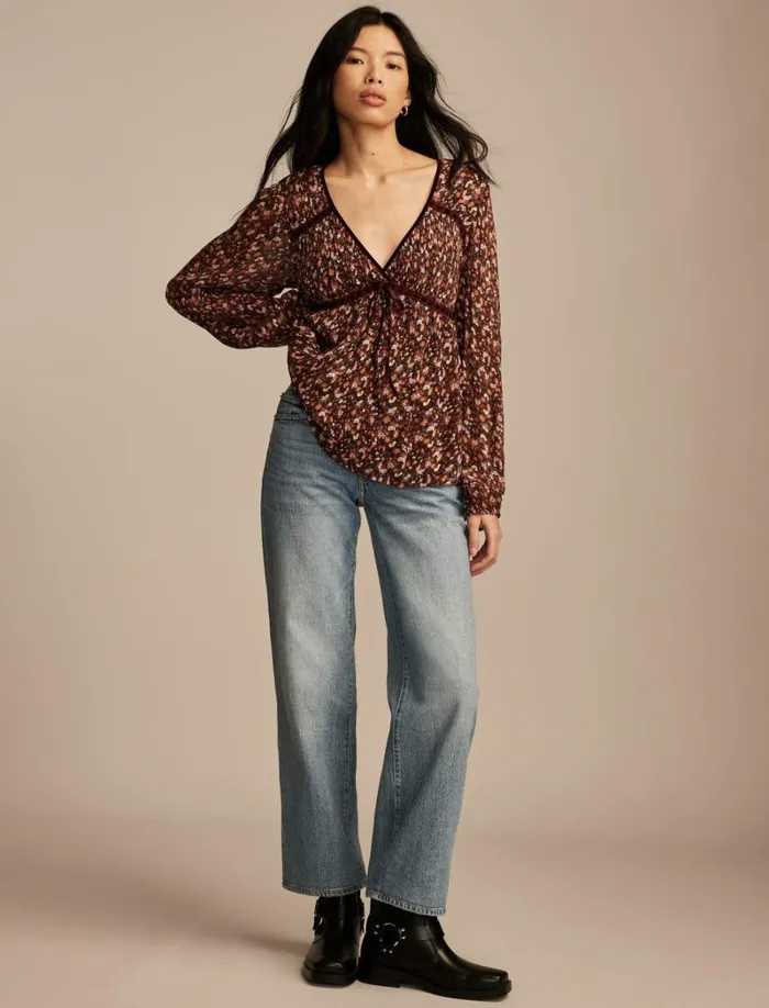 Lucky Brand Blouses Women Long Sleeve Ruffle Bodice Top Cinnamon Multi Floral