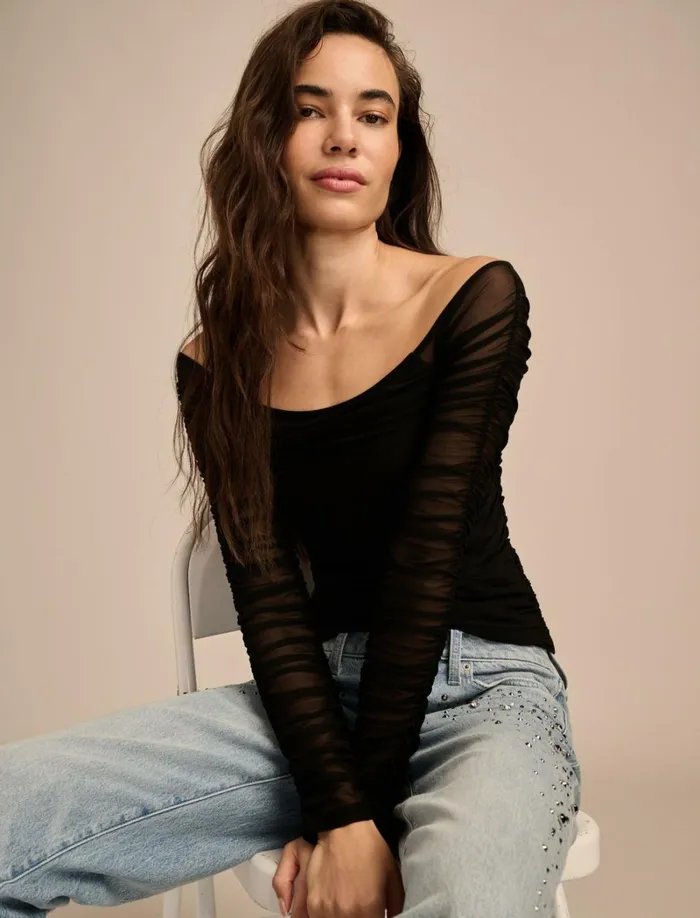 Lucky Brand Blouses Women Off The Shoulder Ruched Top Jet Black