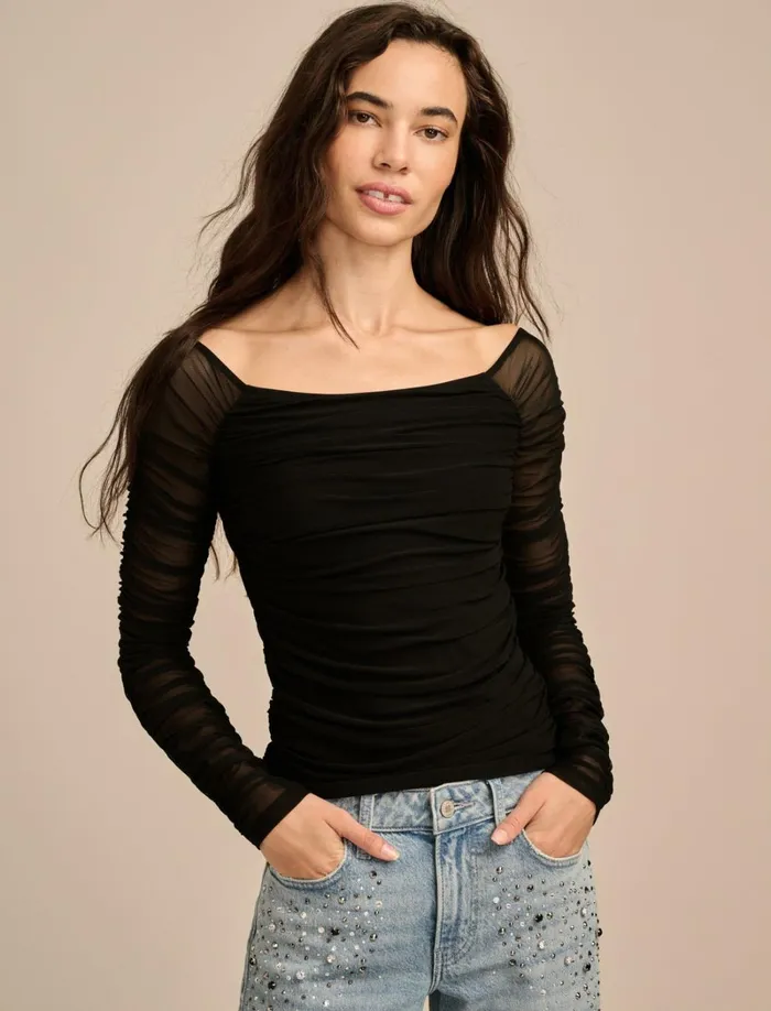 Lucky Brand Blouses Women Off The Shoulder Ruched Top Jet Black