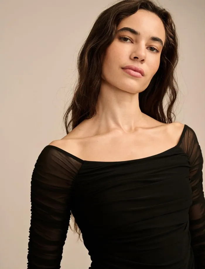 Lucky Brand Blouses Women Off The Shoulder Ruched Top Jet Black