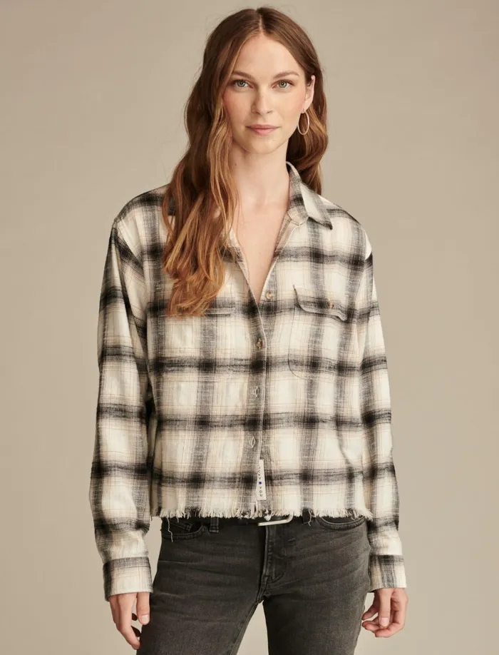 Lucky Brand Blouses Women Raw Edge Flannel Cropped Button Down Shirt Cream Black Plaid