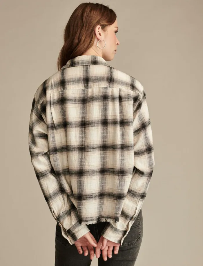 Lucky Brand Blouses Women Raw Edge Flannel Cropped Button Down Shirt Cream Black Plaid