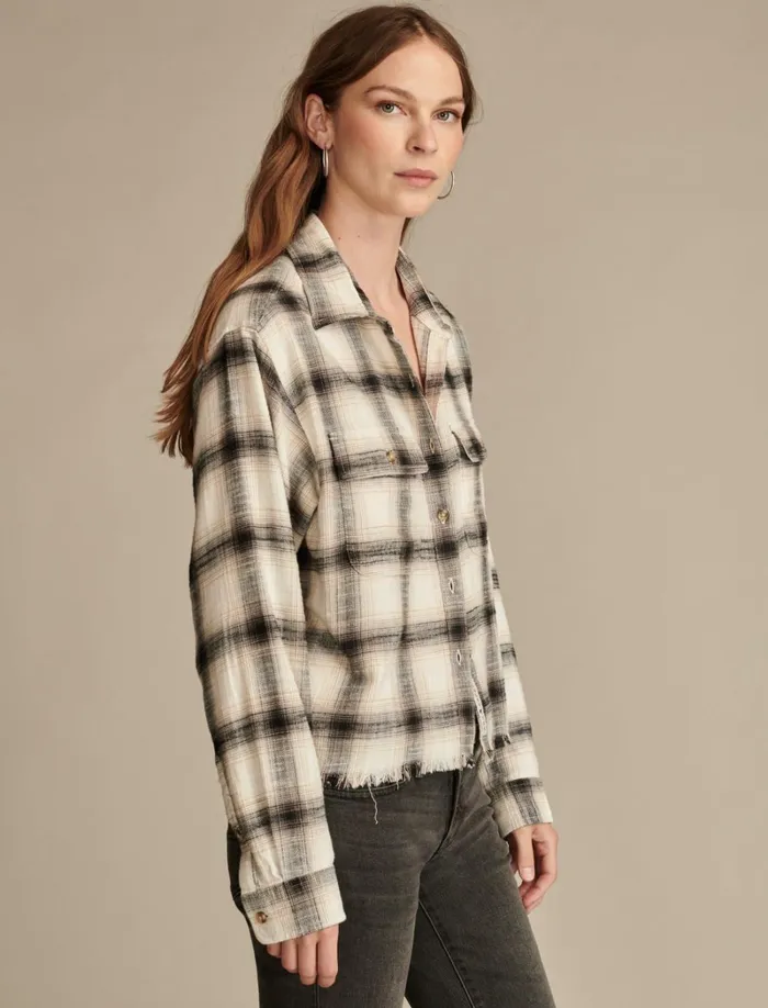 Lucky Brand Blouses Women Raw Edge Flannel Cropped Button Down Shirt Cream Black Plaid