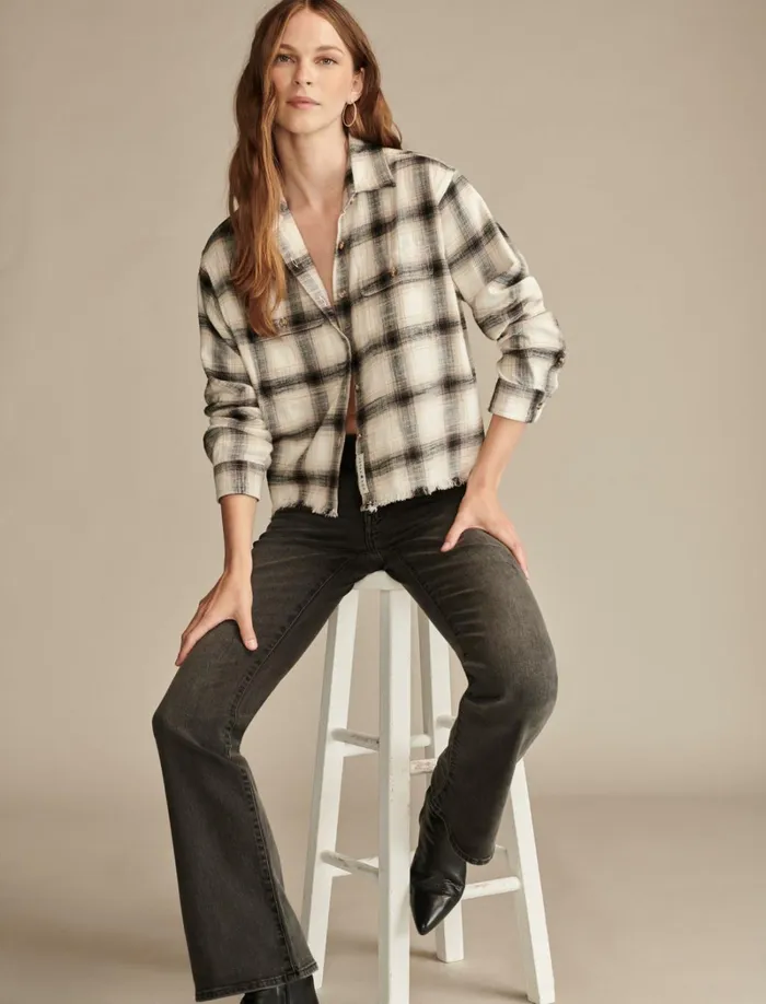 Lucky Brand Blouses Women Raw Edge Flannel Cropped Button Down Shirt Cream Black Plaid