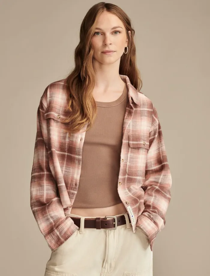 Lucky Brand Blouses Women Raw Edge Flannel Cropped Button Down Shirt Peach Brown Plaid