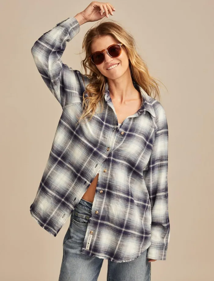 Lucky Brand Blouses Women Tunic Plaid Flannel Shirt Blue Plaid