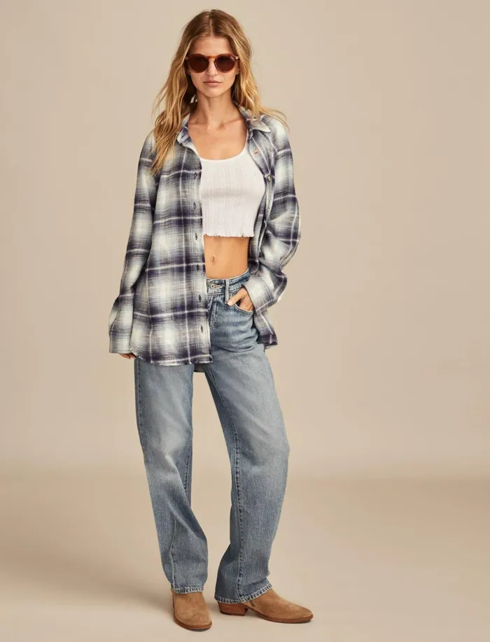 Lucky Brand Blouses Women Tunic Plaid Flannel Shirt Blue Plaid