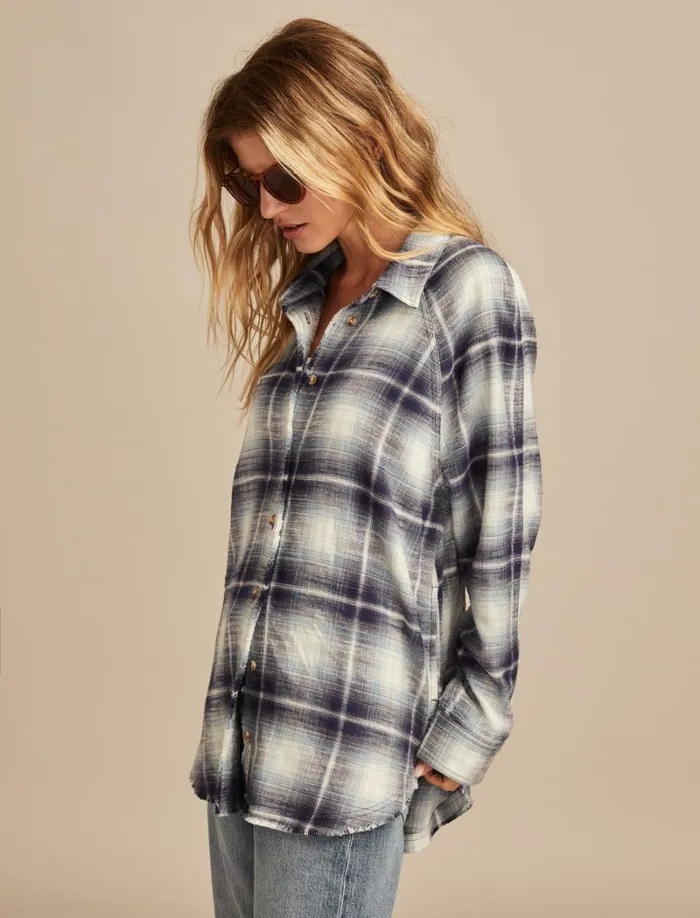Lucky Brand Blouses Women Tunic Plaid Flannel Shirt Blue Plaid