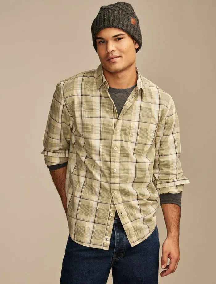 Lucky Brand ButtonDowns Men Plaid One Pocket Poplin Long Sleeve Shirt Yellow Plaid