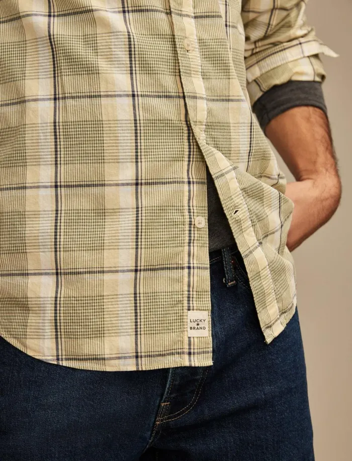 Lucky Brand ButtonDowns Men Plaid One Pocket Poplin Long Sleeve Shirt Yellow Plaid