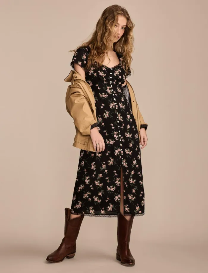 Lucky Brand Dresses Women Lace Trimmed Short Sleeve Midi Dress Black Floral