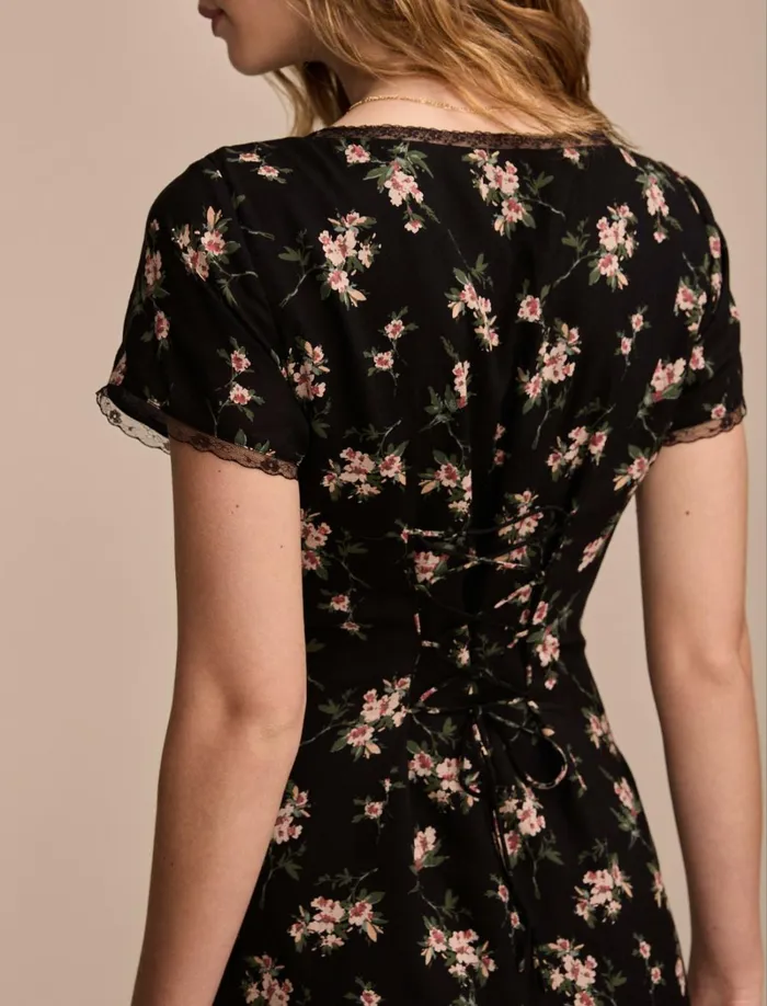 Lucky Brand Dresses Women Lace Trimmed Short Sleeve Midi Dress Black Floral