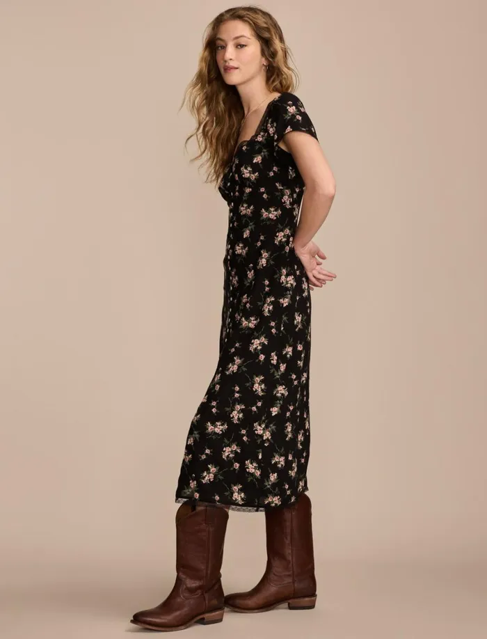 Lucky Brand Dresses Women Lace Trimmed Short Sleeve Midi Dress Black Floral