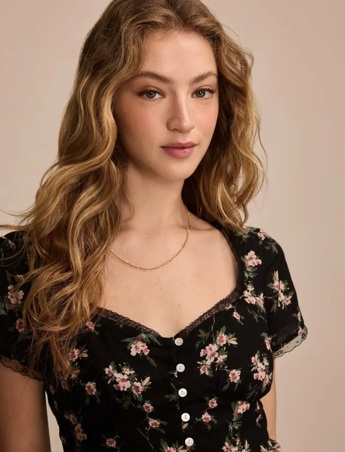 Lucky Brand Dresses Women Lace Trimmed Short Sleeve Midi Dress Black Floral
