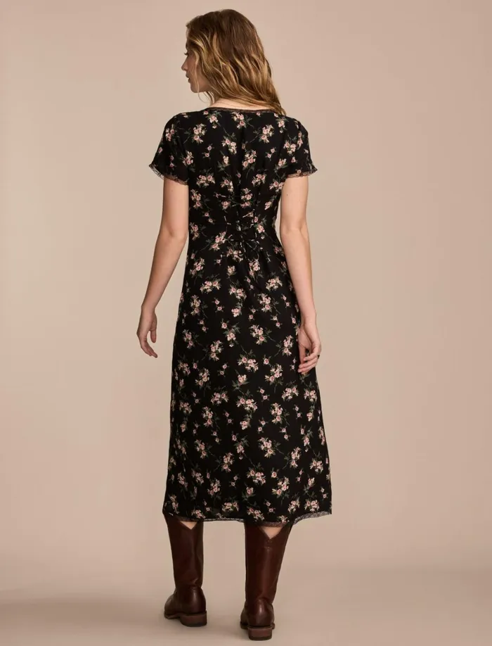 Lucky Brand Dresses Women Lace Trimmed Short Sleeve Midi Dress Black Floral
