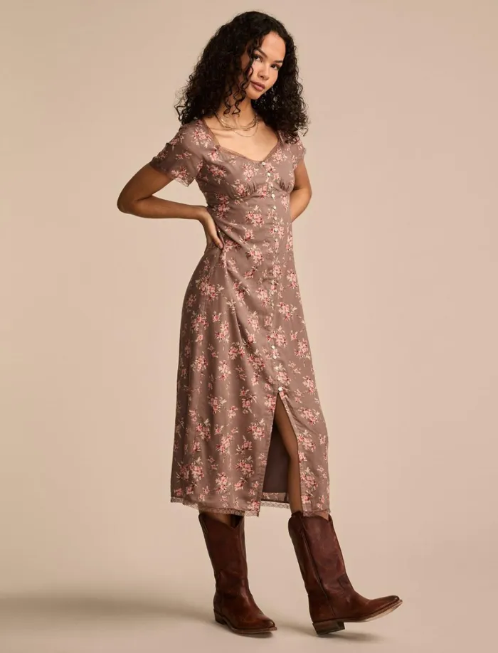 Lucky Brand Dresses Women Lace Trimmed Short Sleeve Midi Dress Taupe Floral
