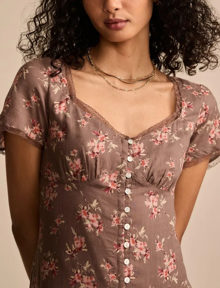 Lucky Brand Dresses Women Lace Trimmed Short Sleeve Midi Dress Taupe Floral