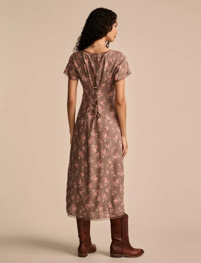 Lucky Brand Dresses Women Lace Trimmed Short Sleeve Midi Dress Taupe Floral