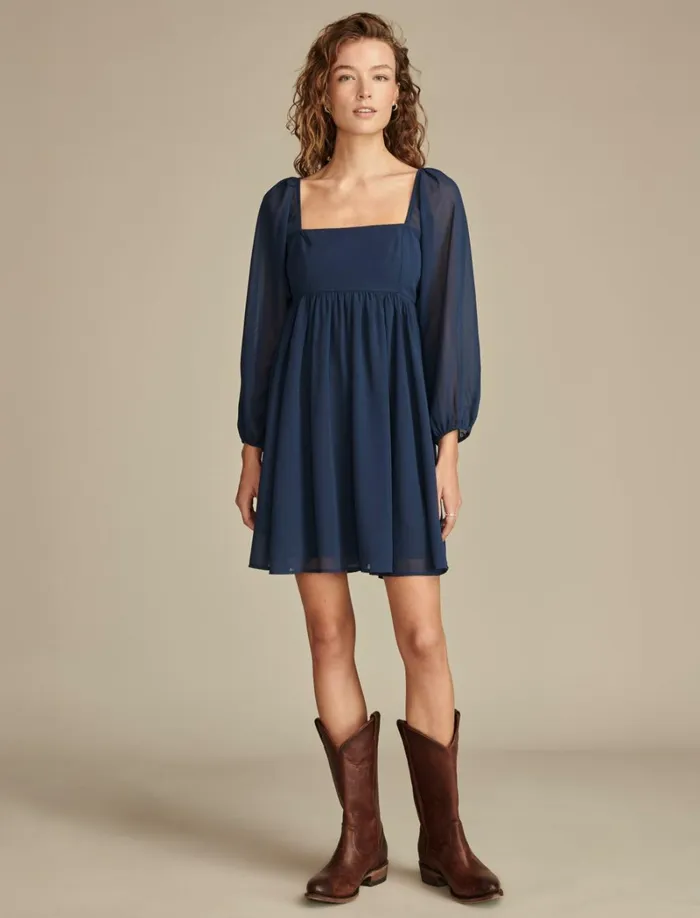 Lucky Brand Dresses Women Square Nk Long Slv Mini Mood Indigo