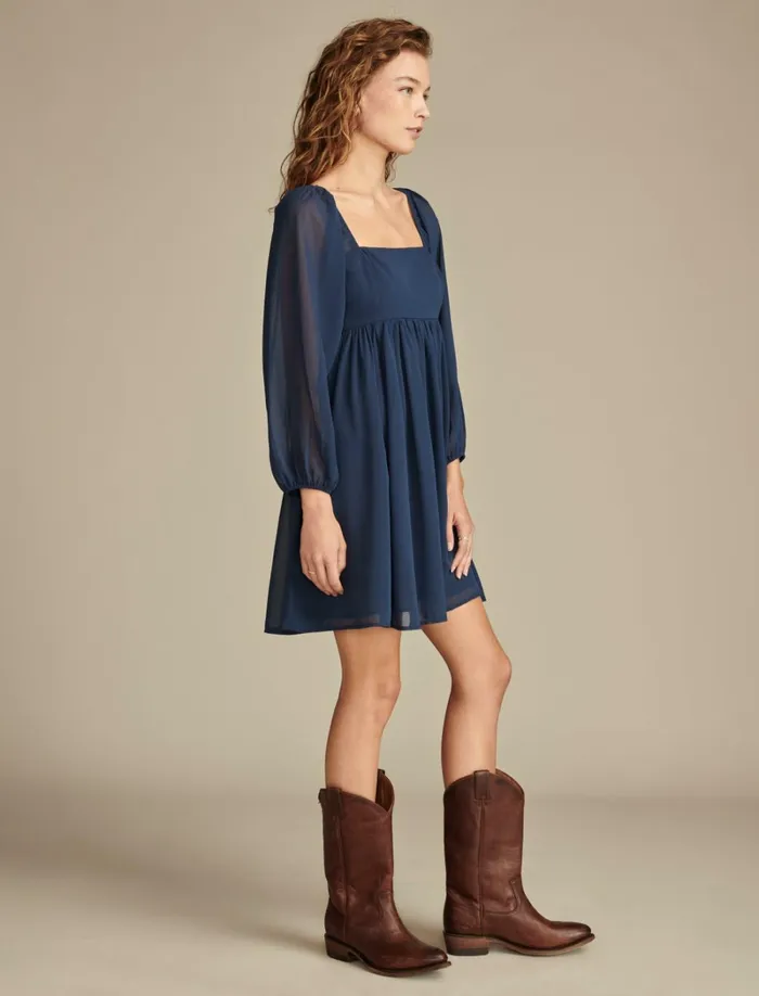 Lucky Brand Dresses Women Square Nk Long Slv Mini Mood Indigo