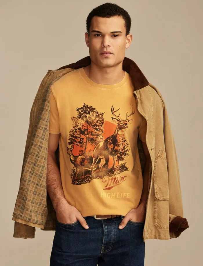 Lucky Brand Graphic Tees Men High Life Deer Harvest Gold