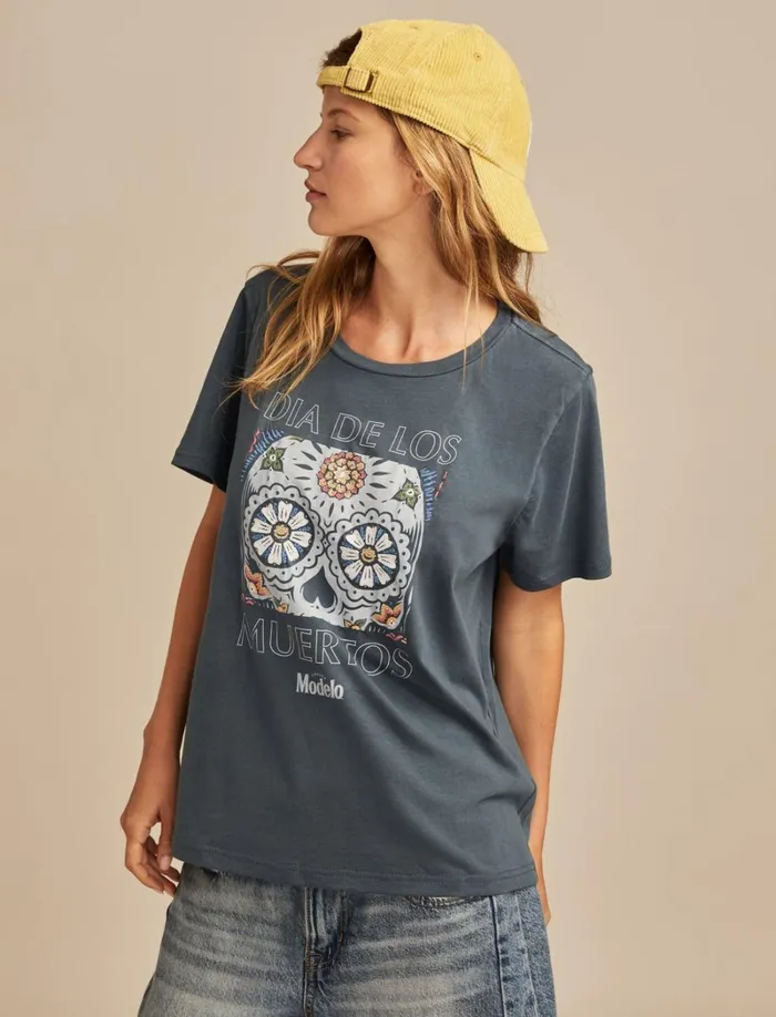 Lucky Brand Graphic Tees Women Dia De Los Muertos Classic Crew Midnight Navy